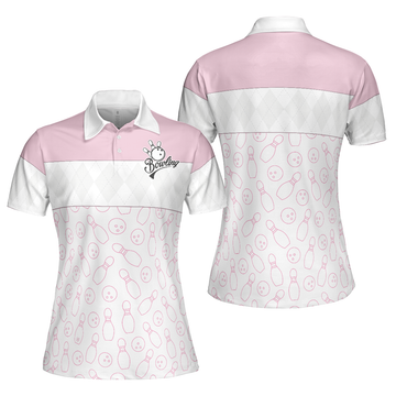 Pink Bowling Balls And Pins Pattern Bowling Short Sleeve Women Polo Shirt, White Bowling Polo Shirt For Ladies