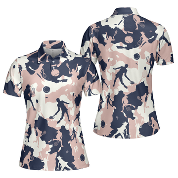 Pink Camouflage Tennis Girl V2 Short Sleeve Women Polo Shirt, Camo Tennis Shirt For Ladies