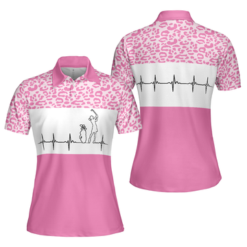 Pink Golfbeat Leopard Golf Short Sleeve Women Polo Shirt, Heartbeat Golfing Polo Shirt For Ladies