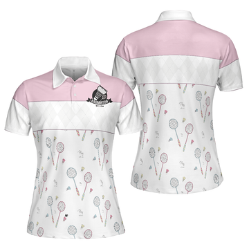 Play With Me Badminton Short Sleeve Women Polo Shirt, White And Pink Badminton Shirt For Women