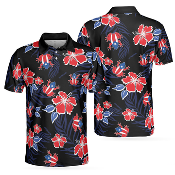 Puerto Rico Common Coqu Flag Polo Shirt, Puerto Rican Toad And Floral Shirt