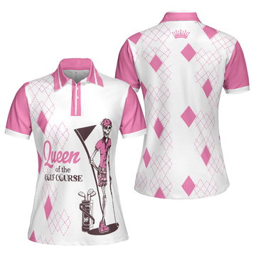 Queen Of The Golf Short Sleeve Women Polo Shirt, White And Pink Argyle Pattern Golf Shirt For Women