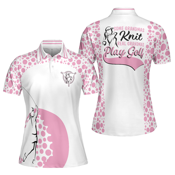 Real Grandmas Play Golf Short Sleeve Women Polo Shirt, White And Pink Golf Shirt For Ladies, Funny Female Golf Gift