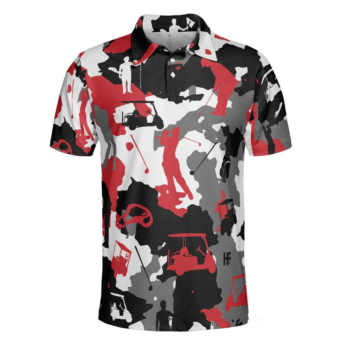 Red And White Camouflage Golf Short Sleeve Polo Shirt, Golfer Silhouette Polo Shirt, Camo Golf Shirt For Men