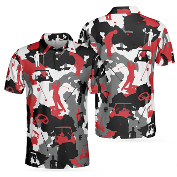 Red And White Camouflage Golf Short Sleeve Polo Shirt, Golfer Silhouette Polo Shirt, Camo Golf Shirt For Men