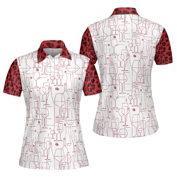 Red Wine And Leopard Pattern Drink Short Sleeve Women Polo Shirt, Wine Drinking Icon Polo Shirt For Ladies