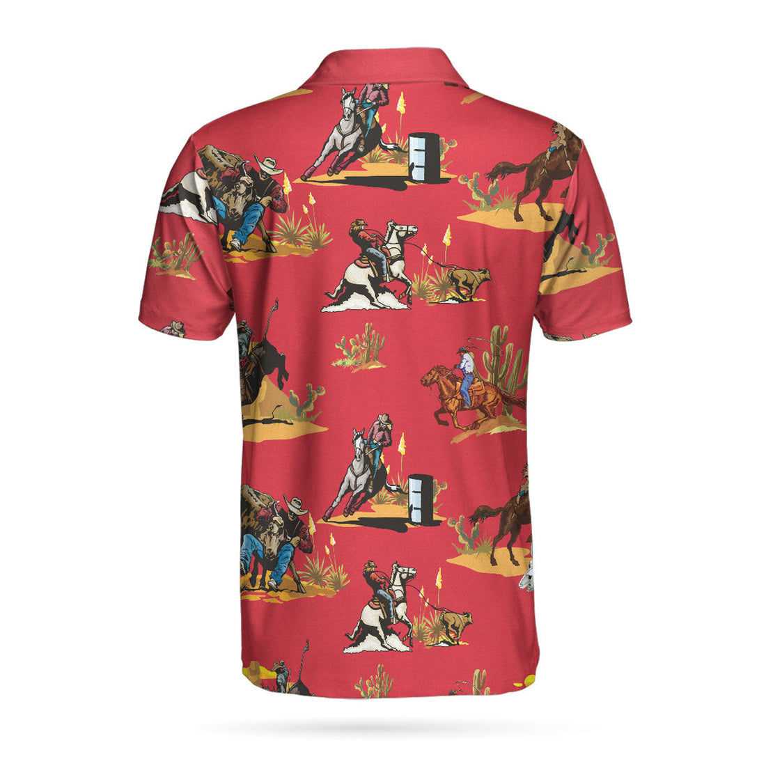 Rodeo Seamless Pattern Short Sleeve Polo Shirt, Red Texas Cowboy Polo Shirt, Rodeo Shirt For Men