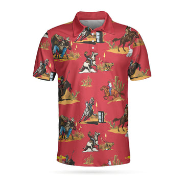 Rodeo Seamless Pattern Short Sleeve Polo Shirt, Red Texas Cowboy Polo Shirt, Rodeo Shirt For Men