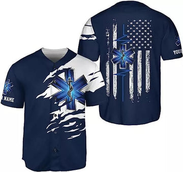 Custom Personalized Thin White Line EMS EMT Paramedic American Flag Back Baseball Jersey