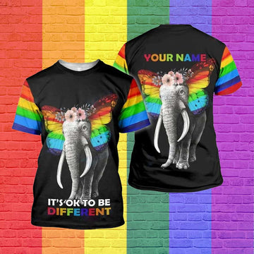 Custom Personalized 3D Pride Shirt, Lgbt It's Ok To Be Different Rainbow Color Butterfly Ear Elephant 3D Shirt