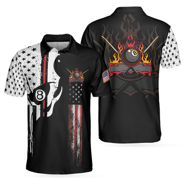 Skull Billiards Pool Polo Shirt, Black And White American Flag Polo Shirt, Patriotic Billiards Shirt For Men