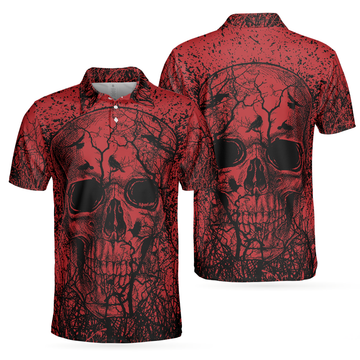 Skull Crow Black And Red Short Sleeve Polo Shirt, Dark Forrest Skull Crow Shirt For Men