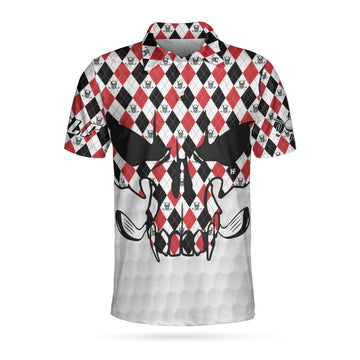 Skull Golf Red Black White Polo Shirt, Golf Texture Argyle Pattern Skull Polo Shirt, Best Golf Shirt For Men