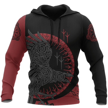 FUNSTUFFPRINT The Raven Of Odin Red Viking 3D Hoodie and Zip Hoodie