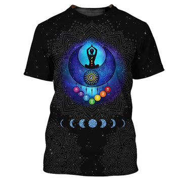 Meditation Girl Seven Chakra Mandala 3D T-Shirt, Black Mandala Shirt, Black Hippie T-Shirt