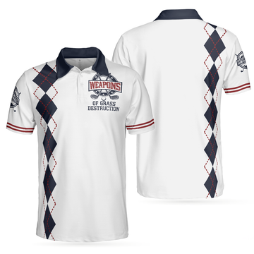 Weapons Of Grass Destruction Short Sleeve Polo Shirt, White And Navy Argyle Pattern Polo Shirt, Best Golf Shirt For Men