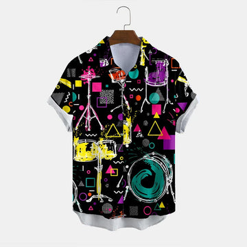 Black Fashion Music Drum Print Shirt, Hawaiian shirt for men
