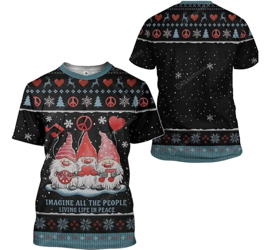 FUNSTUFFPRINT Personalized Gnome Christmas Imagine All The People Living Life In Peace Gnomes Christmas - 3D Printed T-shirt