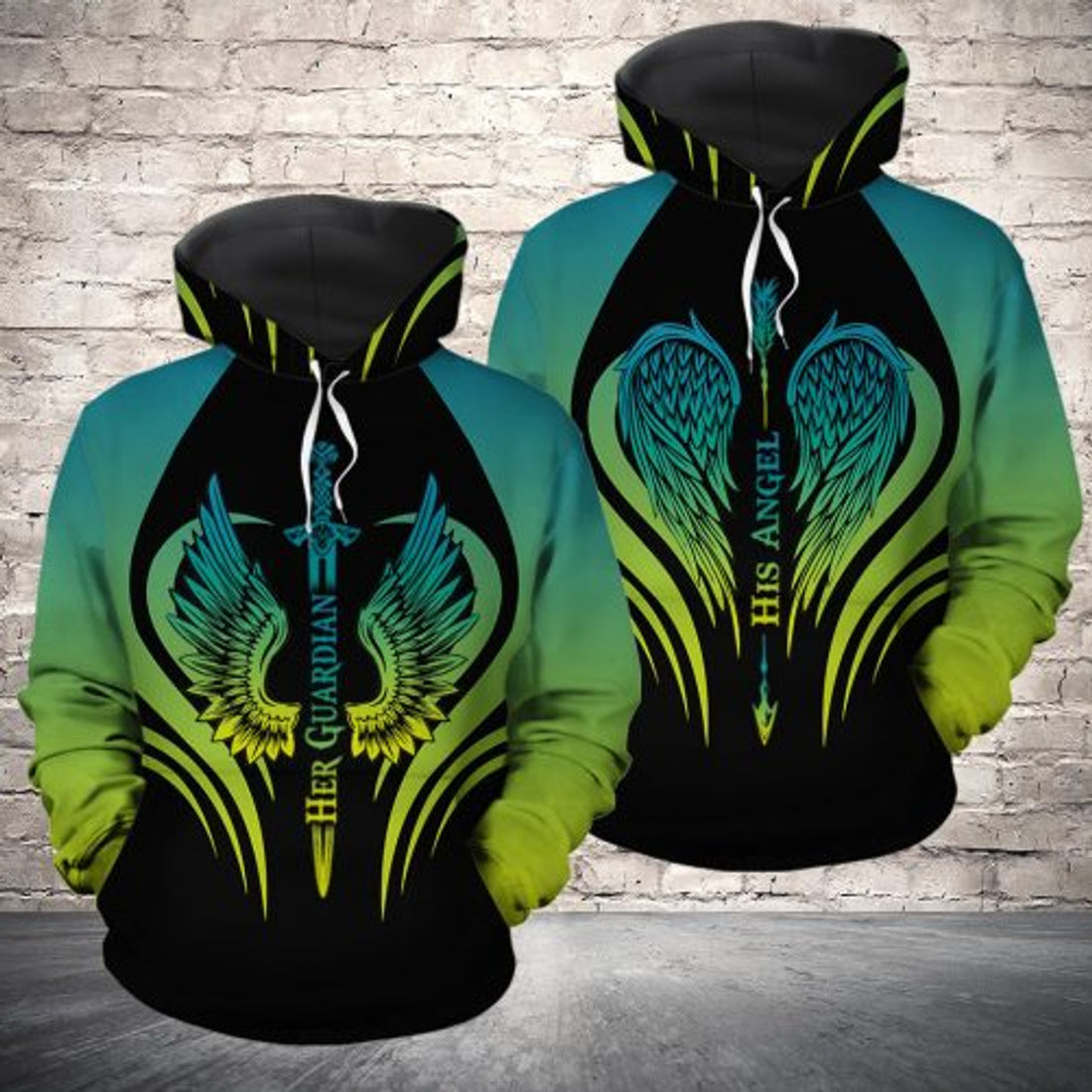 FUNSTUFFPRINT Matching Couple 3D All Over Hoodie His Angel Her Guardian Wings 3D Hoodie and Zip Hoodie