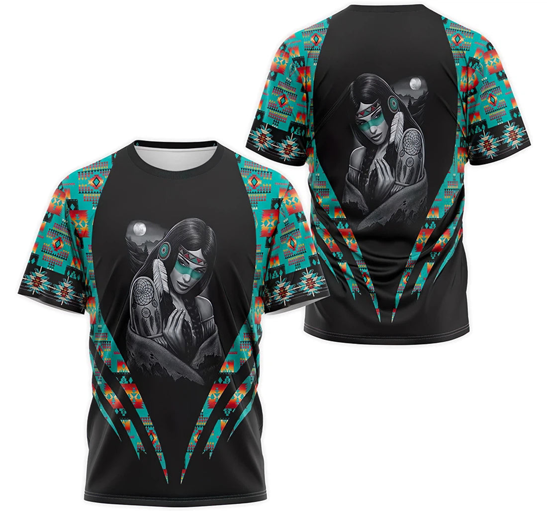 FUNSTUFFPRINT Personalized T-Shirt, Hoodie - Native American Girl Dreamcatcher Geometric Aztec Tribal Seamless Pattern 3D T-shirt