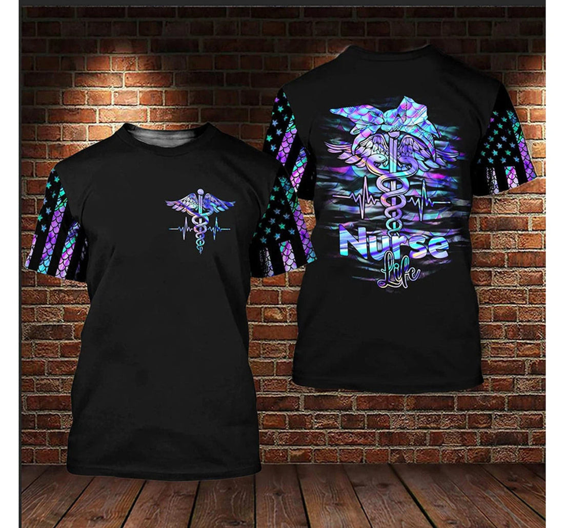 FUNSTUFFPRINT Caduceus Nurse Life Hologram Style 3D Printed, Flag Pattern Nurse Shirt, Best Gift for Nurse 3D T-shirt
