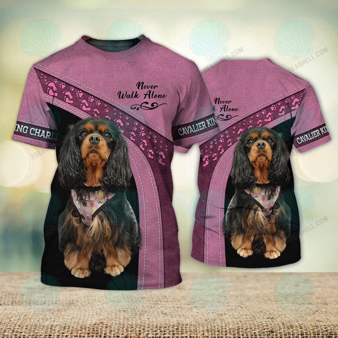 FUNSTUFFPRINT Cavalier King Charles Love Pink Version 3 Never Walk Alone 3D Full Print T-Shirt, Christmas Shirt for Dog Lovers 3D T-shirt
