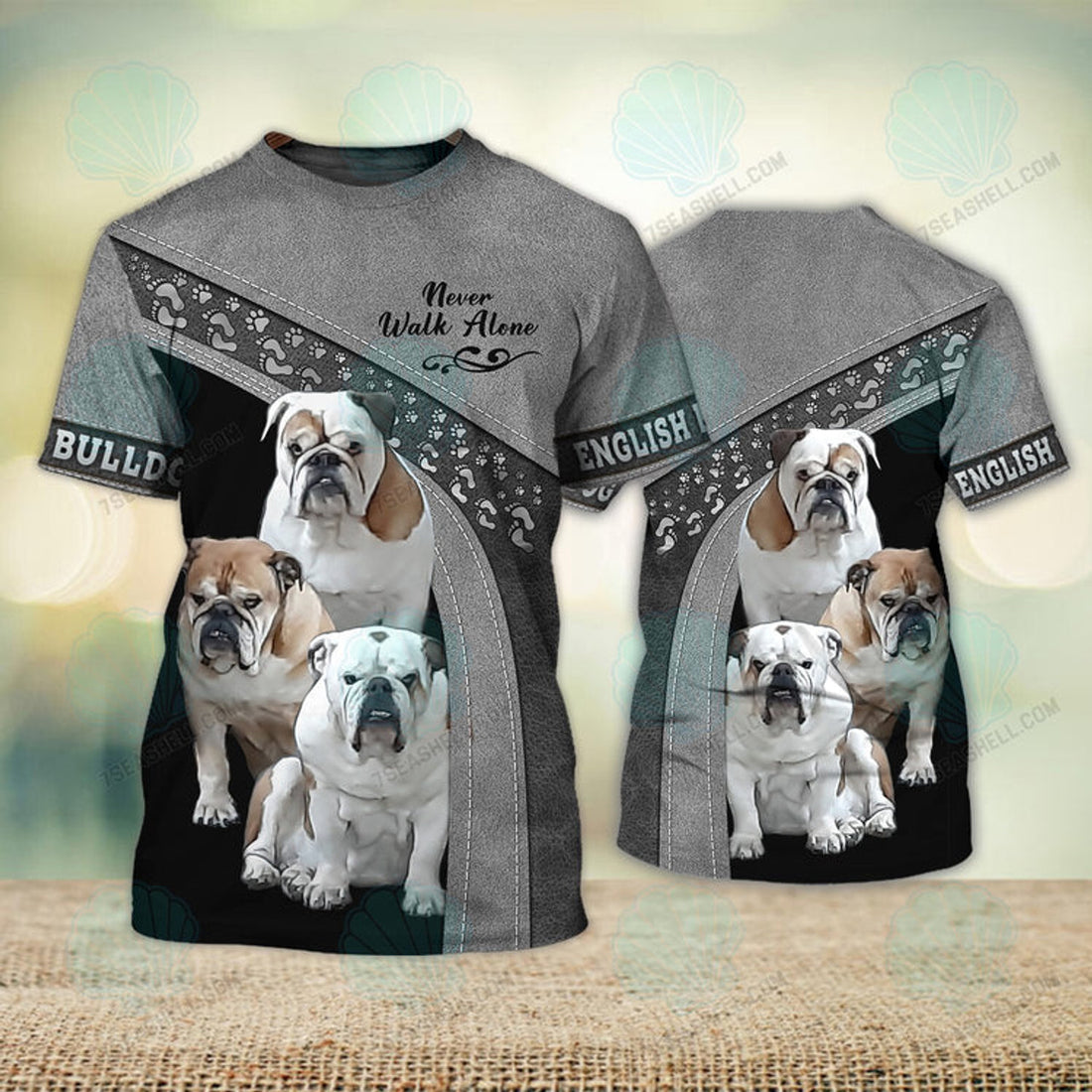 FUNSTUFFPRINT Three English Bulldog Love Never Walk Alone 3D Full Print T-Shirt, Christmas Dog Memorial Gifts for loss of Dog 3D T-shirt