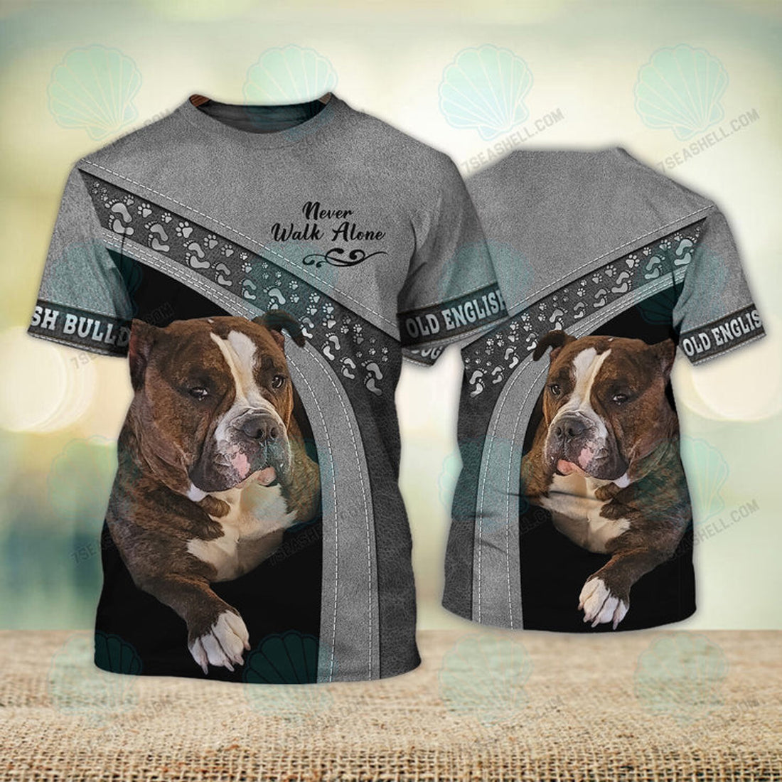 FUNSTUFFPRINT Old English Bulldog Never Walk Alone 3D Full Print T-Shirt, Christmas Dog Memorial Gifts for loss of Dog 3D T-shirt