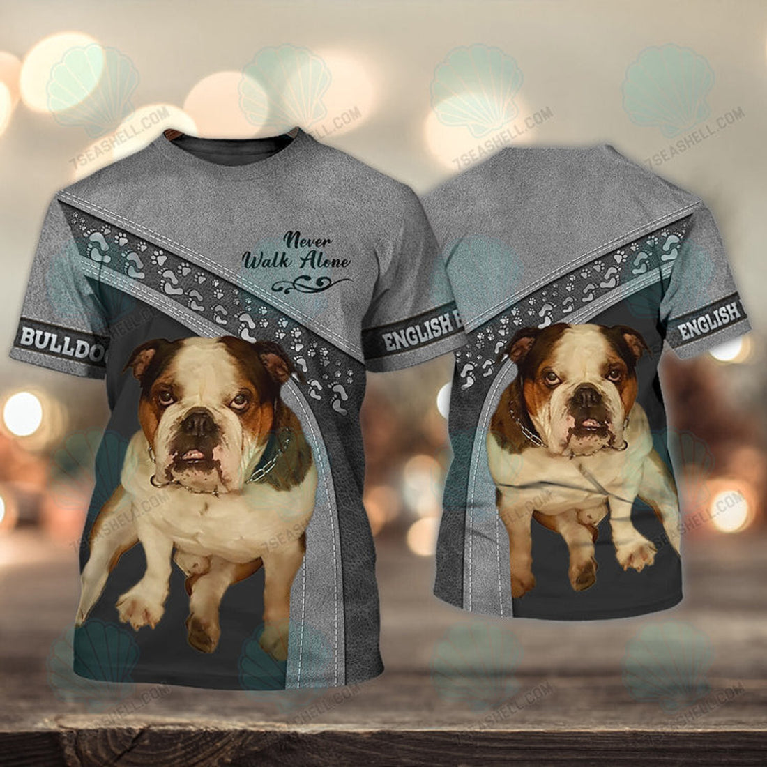 FUNSTUFFPRINT English Bulldog Love Never Walk Alone 3D Full Print T-Shirt, Christmas Dog Memorial Gifts for loss of Dog 3D T-shirt
