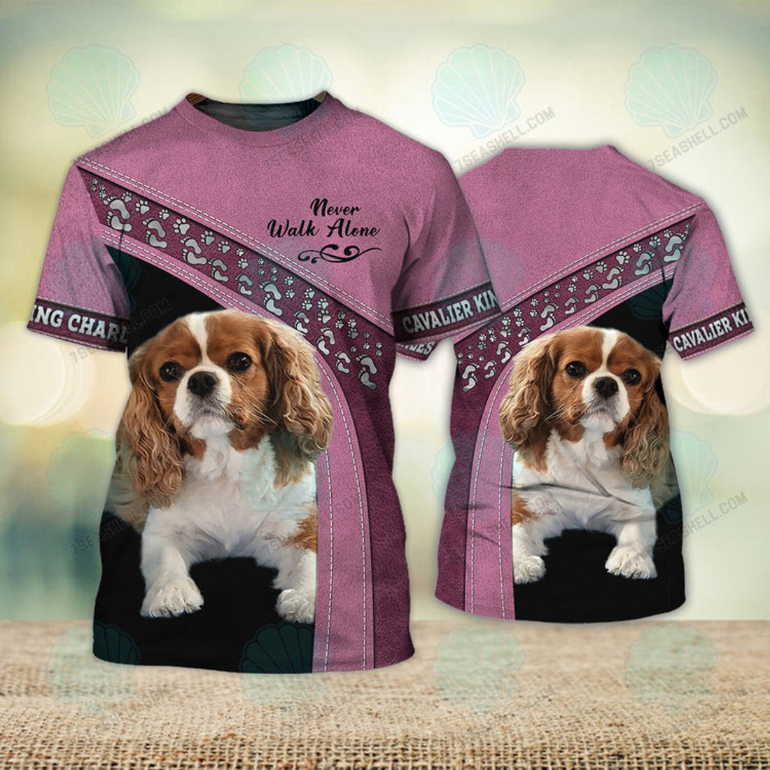 FUNSTUFFPRINT Cavalier King Charles Pink Love Never Walk Alone 3D Full Print T-Shirt, Christmas Shirt for Dog Lovers 3D T-shirt