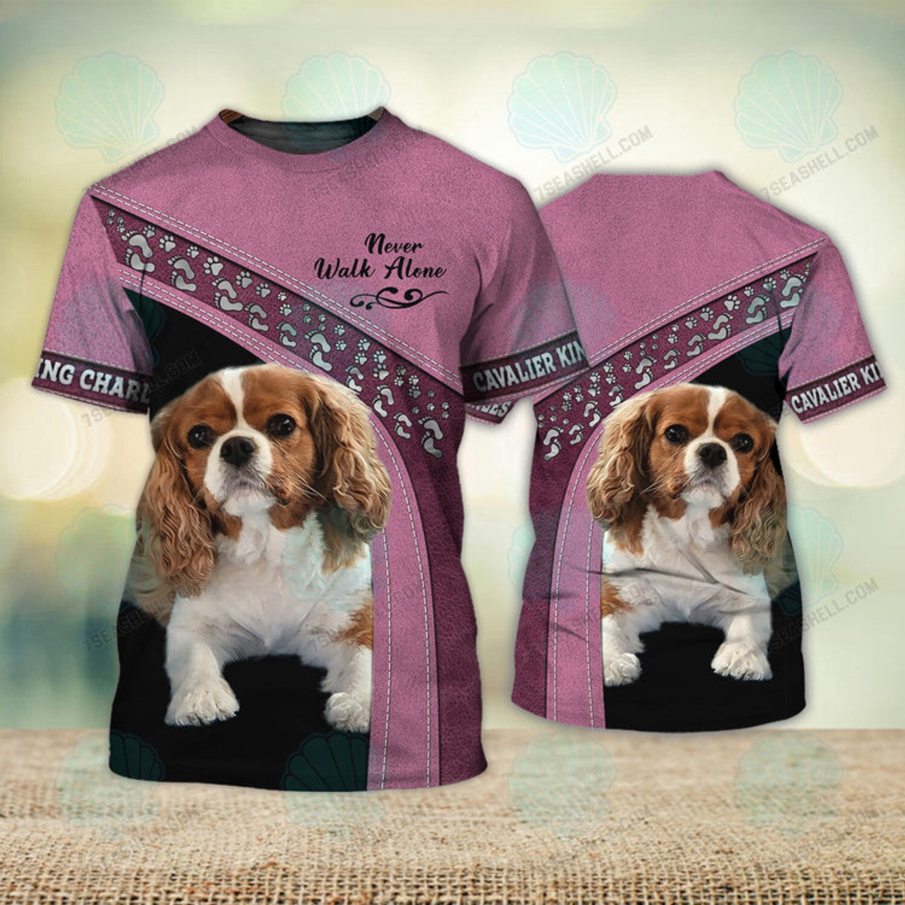 FUNSTUFFPRINT Cavalier King Charles Pink Love Never Walk Alone 3D Full Print T-Shirt, Christmas Shirt for Dog Lovers 3D T-shirt