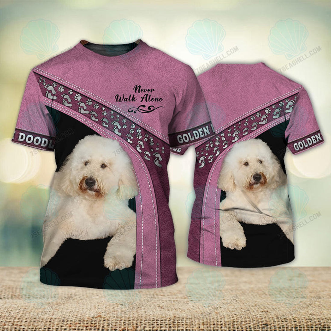 FUNSTUFFPRINT Golden Doodle Pink Love Never Walk Alone Love 3D Full Print T-Shirt, Christmas Dog Memorial Gifts for loss of Dog 3D T-shirt