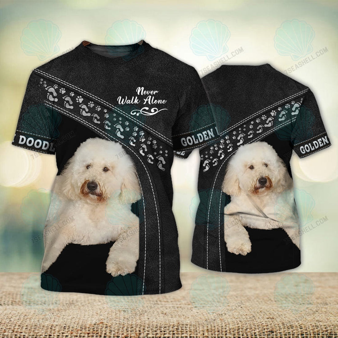 FUNSTUFFPRINT Golden Doodle Black Love Never Walk Alone Love 3D Full Print T-Shirt, Christmas Dog Memorial Gifts for loss of Dog 3D T-shirt