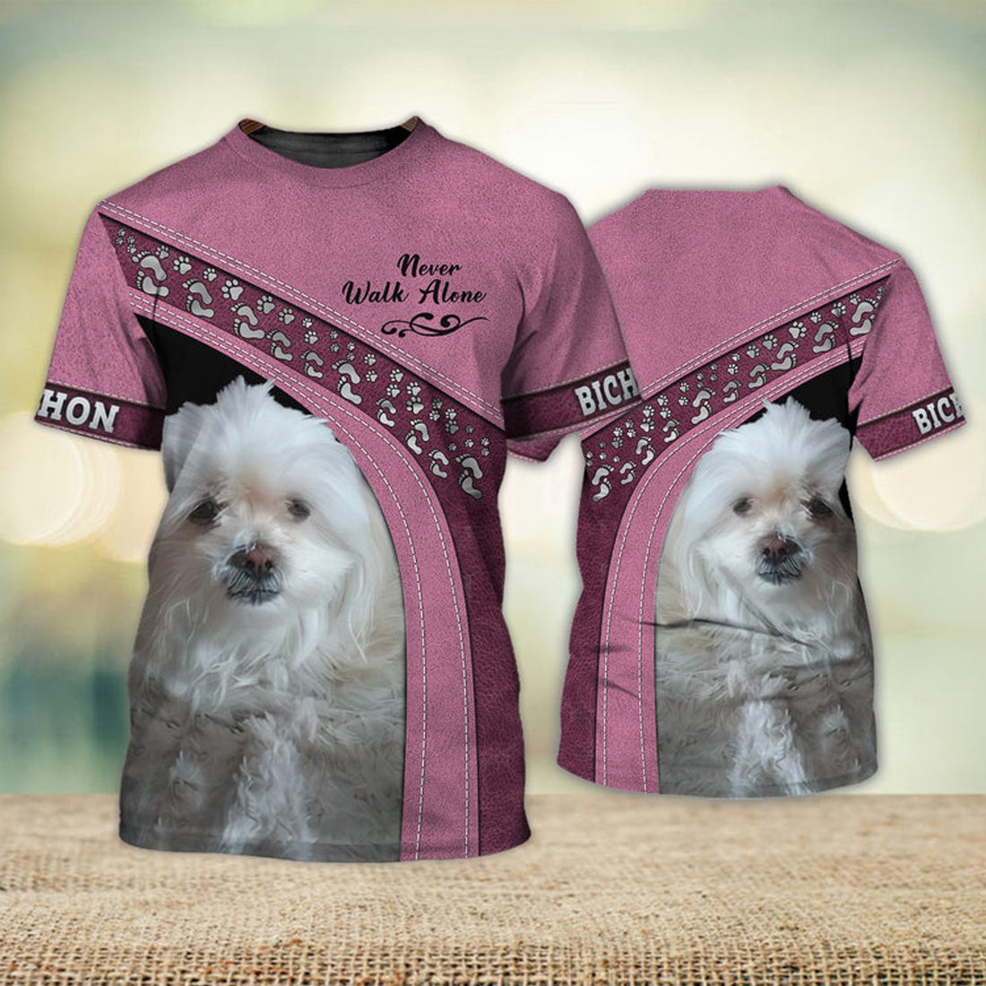 FUNSTUFFPRINT BICHON Love Never Walk Alone Pink 3D Full Print T-Shirt, Shirt For Dog Lovers, Dog Memorial Gifts for loss of Dog 3D T-shirt