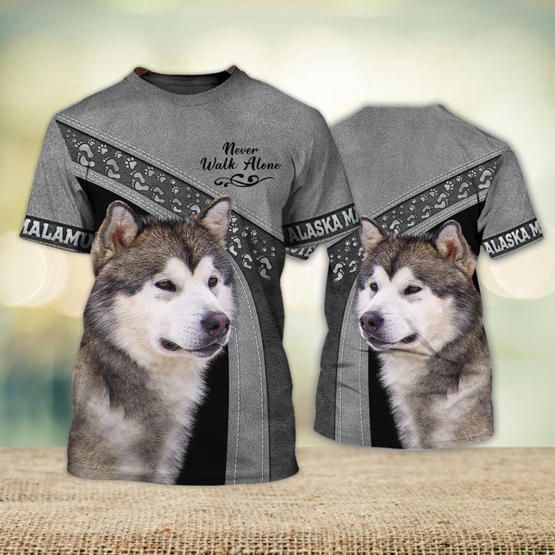 FUNSTUFFPRINT Alaska Malamute Grey Love Never Walk Alone 3D Full Print T-Shirt, Shirt For Dog Lovers, Dog Memorial Gifts for loss of Dog 3D T-shirt