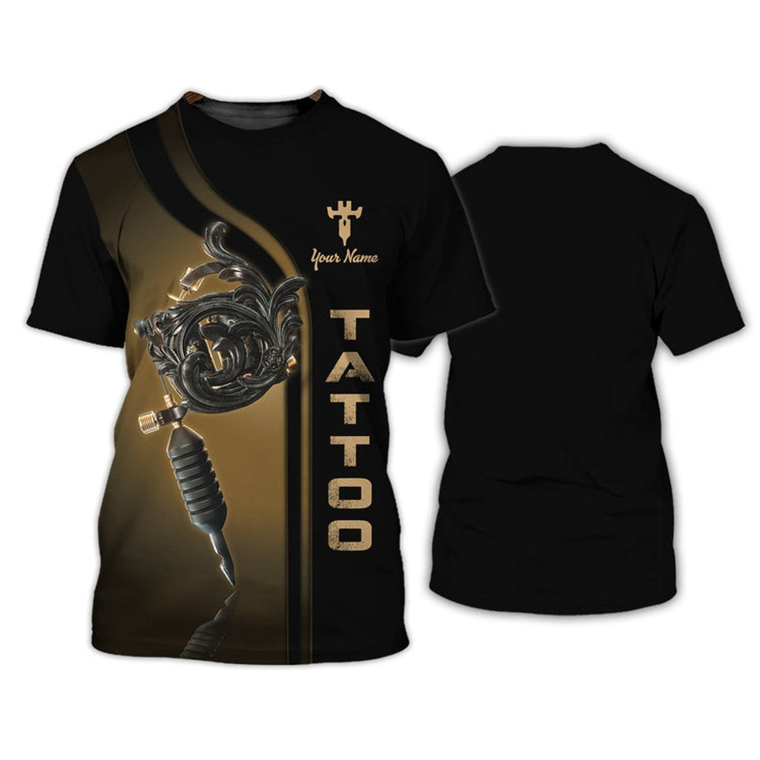 FUNSTUFFPRINT Golden Tattoo Tee Shirt Tattoo Lover Personalized Name 3D T-Shirt Gift For Tattoo Artist