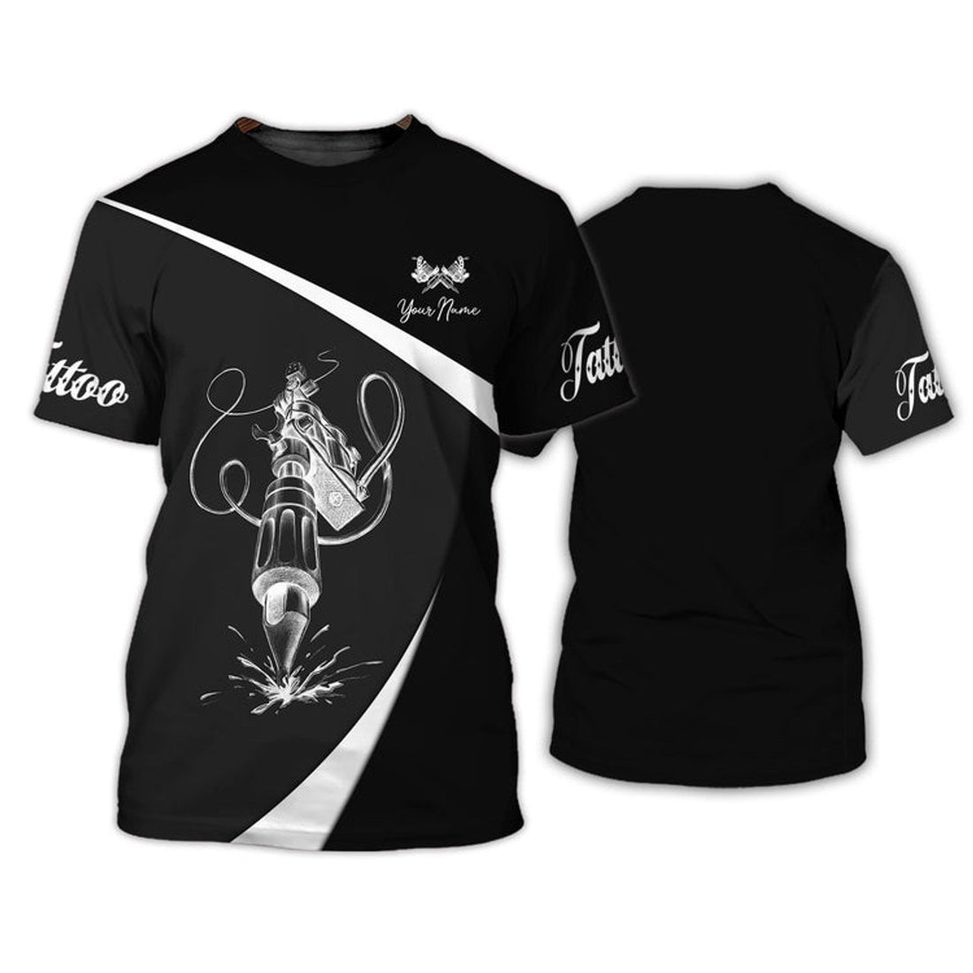 FUNSTUFFPRINT Black White Tattoo Lover Tee Shirt Tattoo Artist Personalized Name 3D T-shirt
