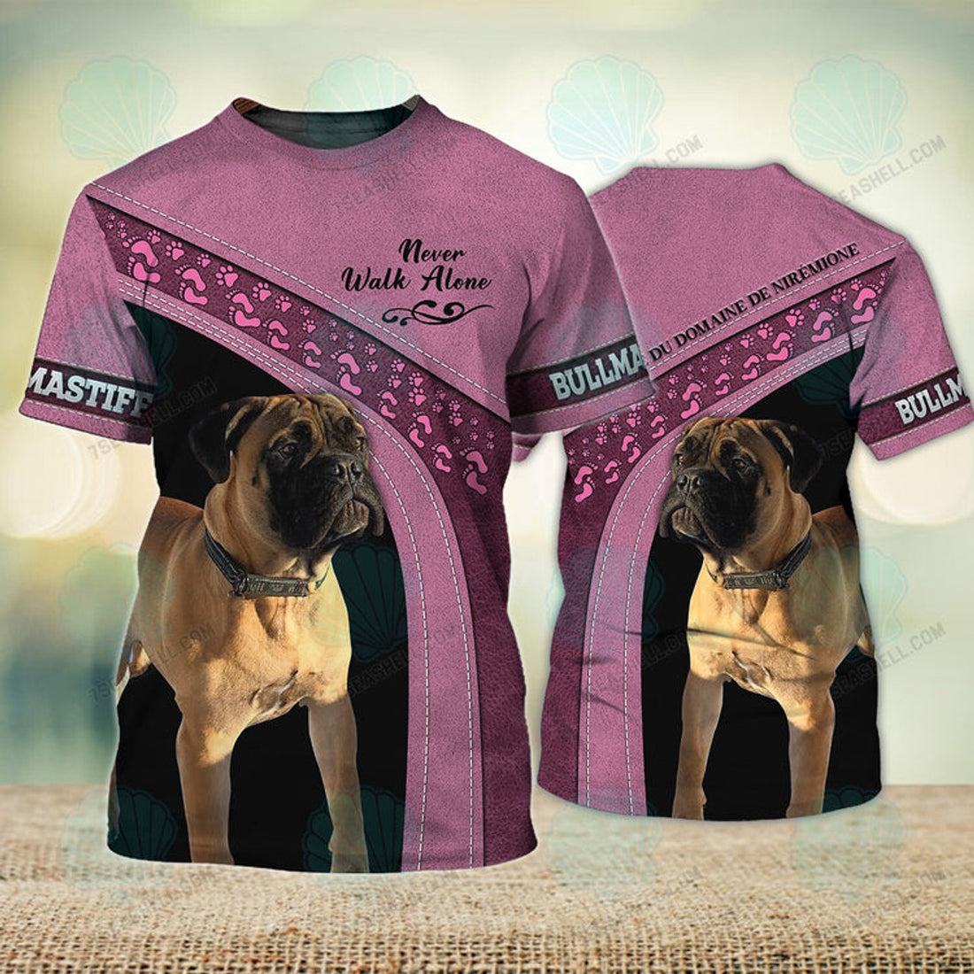 FUNSTUFFPRINT Bullmastiff Love Pink Never Walk Alone 3D Full Print T-Shirt, Dog Memorial Gifts for loss of Dog, Christmas Shirt for Dog Lovers 3D T-shirt