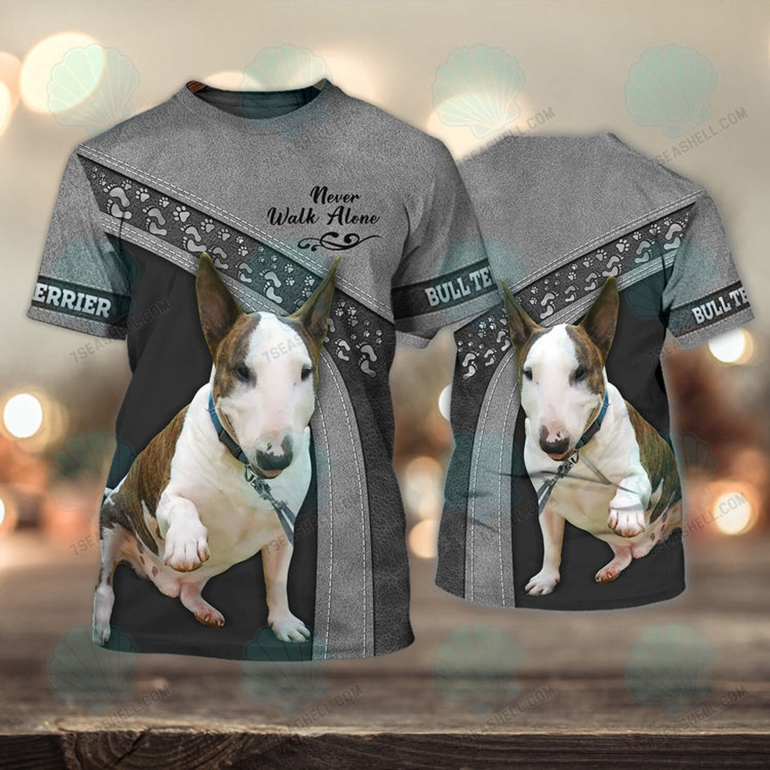 FUNSTUFFPRINT Bull Terrier Love Never Walk Alone 3D Full Print T-Shirt 1546, Christmas Shirt for Dog Lovers 3D T-shirt