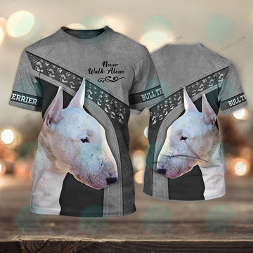 FUNSTUFFPRINT Bull Terrier Love Never Walk Alone 3D Full Print T-Shirt 1601, Christmas Dog Memorial Gifts for loss of Dog 3D T-shirt