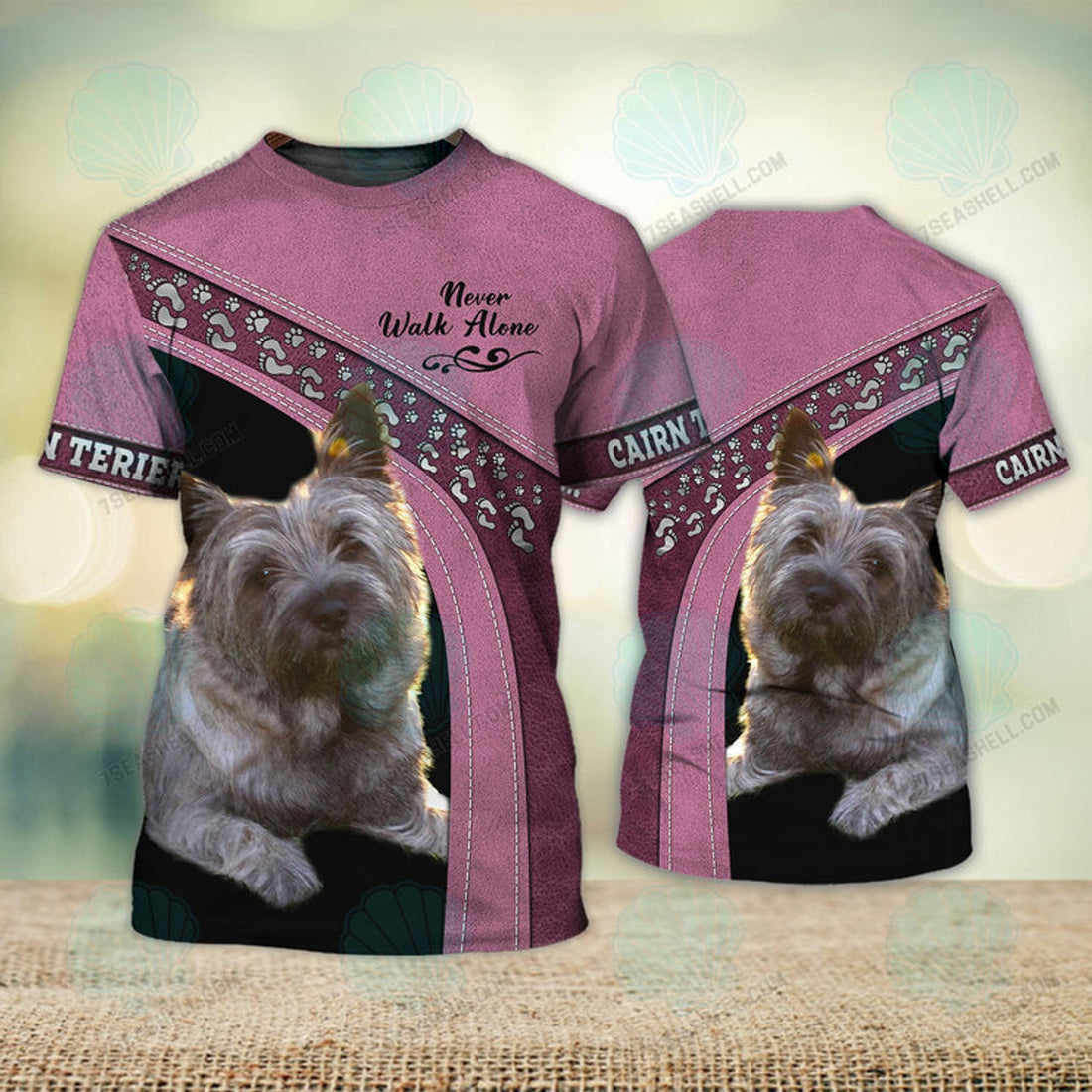 FUNSTUFFPRINT Cairn Terrier Pink Love Never Walk Alone 3D Full Print T-Shirt, Dog Memorial Gifts for loss of Dog, Christmas Shirt for Dog Lovers 3D T-shirt