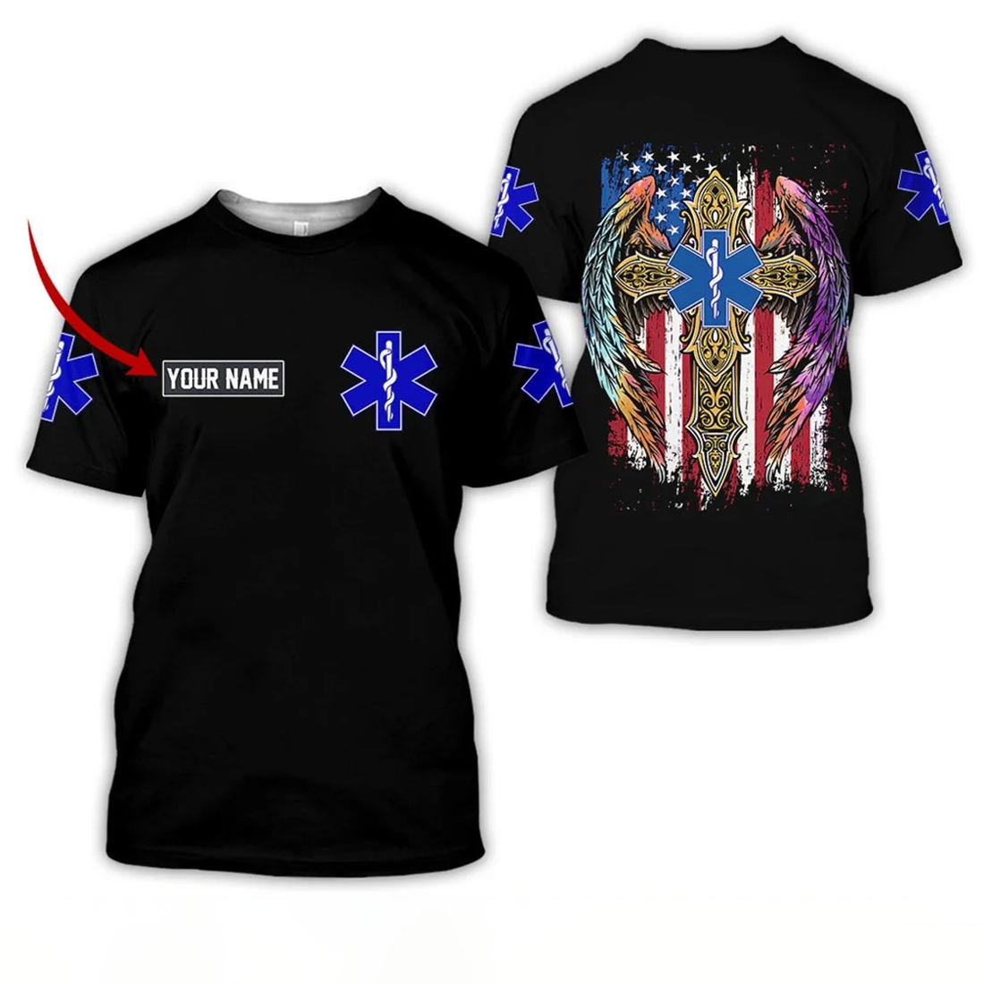 FUNSTUFFPRINT 3D All Over Print Cross Wing American Flag Nurse Shirt, Perfect Nurse Apparel, Nurse T-Shirt Cool Gift Idea 3D T-shirt