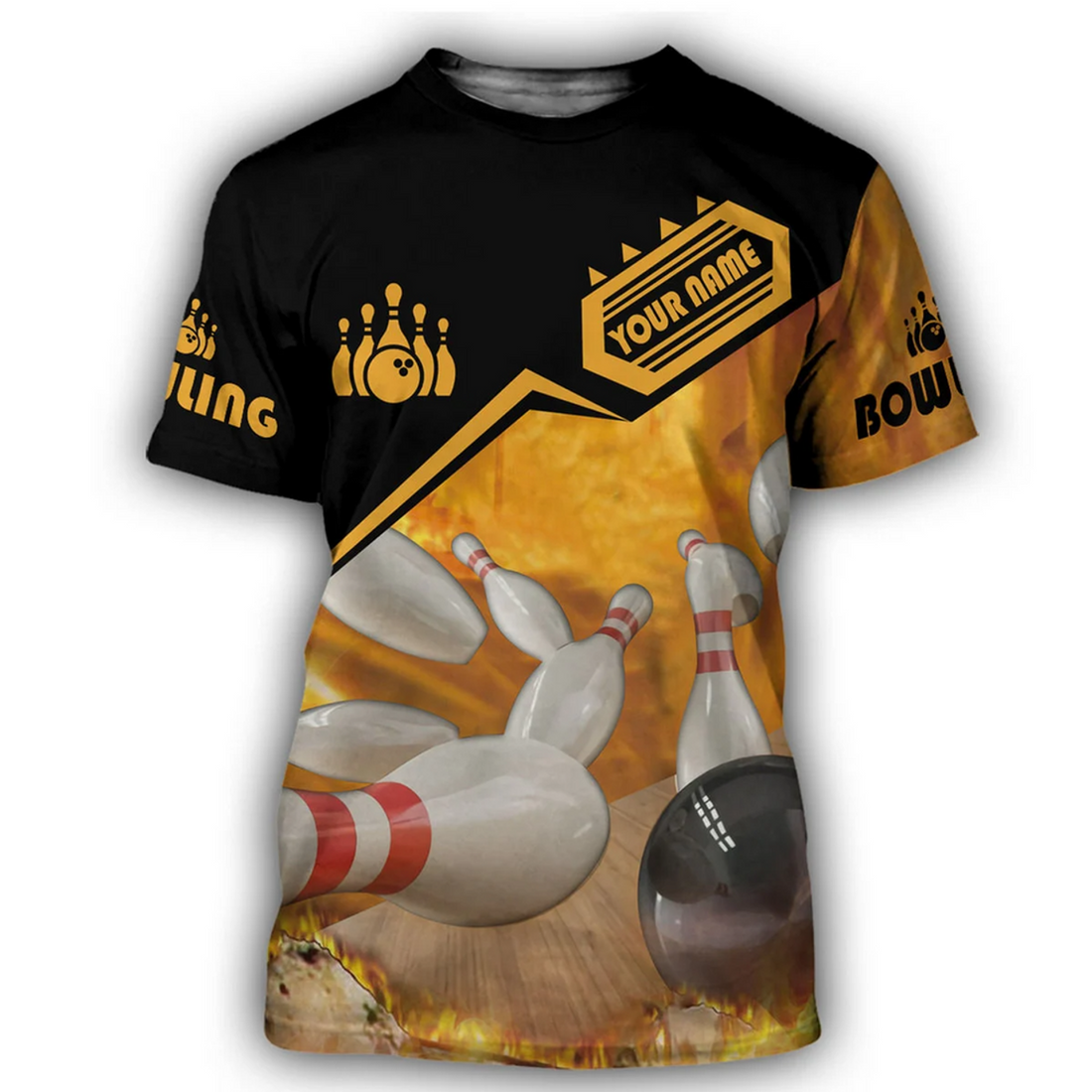FUNSTUFFPRINT Customized 3D Yellow Bowling Shirt Fire Bowling Tee Shirt 3D T-shirt