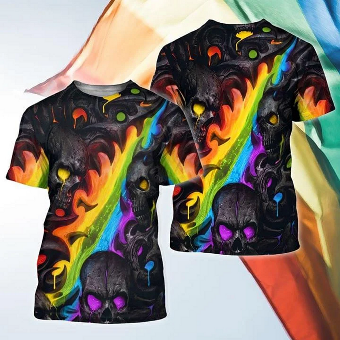 FUNSTUFFPRINT Pride Skull Rainbow Style Shirt For LGBT, Gay Pride Skull 3D T-shirt