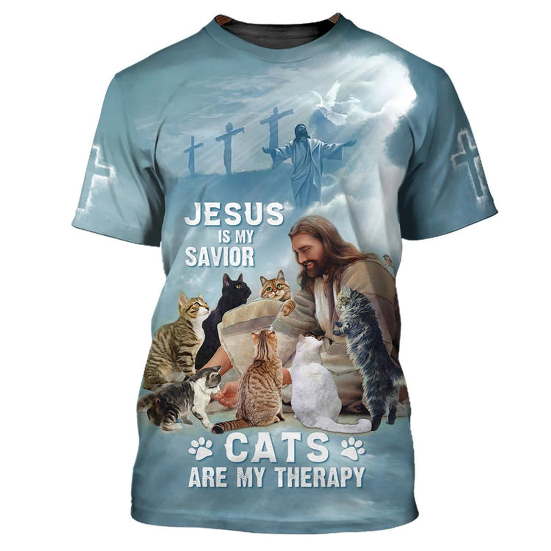 FUNSTUFFPRINT 3D All Over Print Cat And Jesus Hoodie, Jesus Is My Savior, Cats are My Therapy T-Shirt, Cat Tee Shirt 3D T-shirt