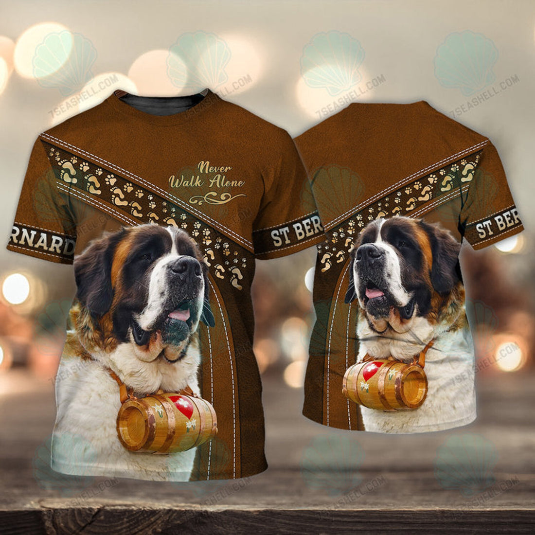 FUNSTUFFPRINT Saint Bernard Love Brown Never Walk Alone 3D Full Print T-Shirt, Christmas Dog Memorial Gifts for loss of Dog 3D T-shirt