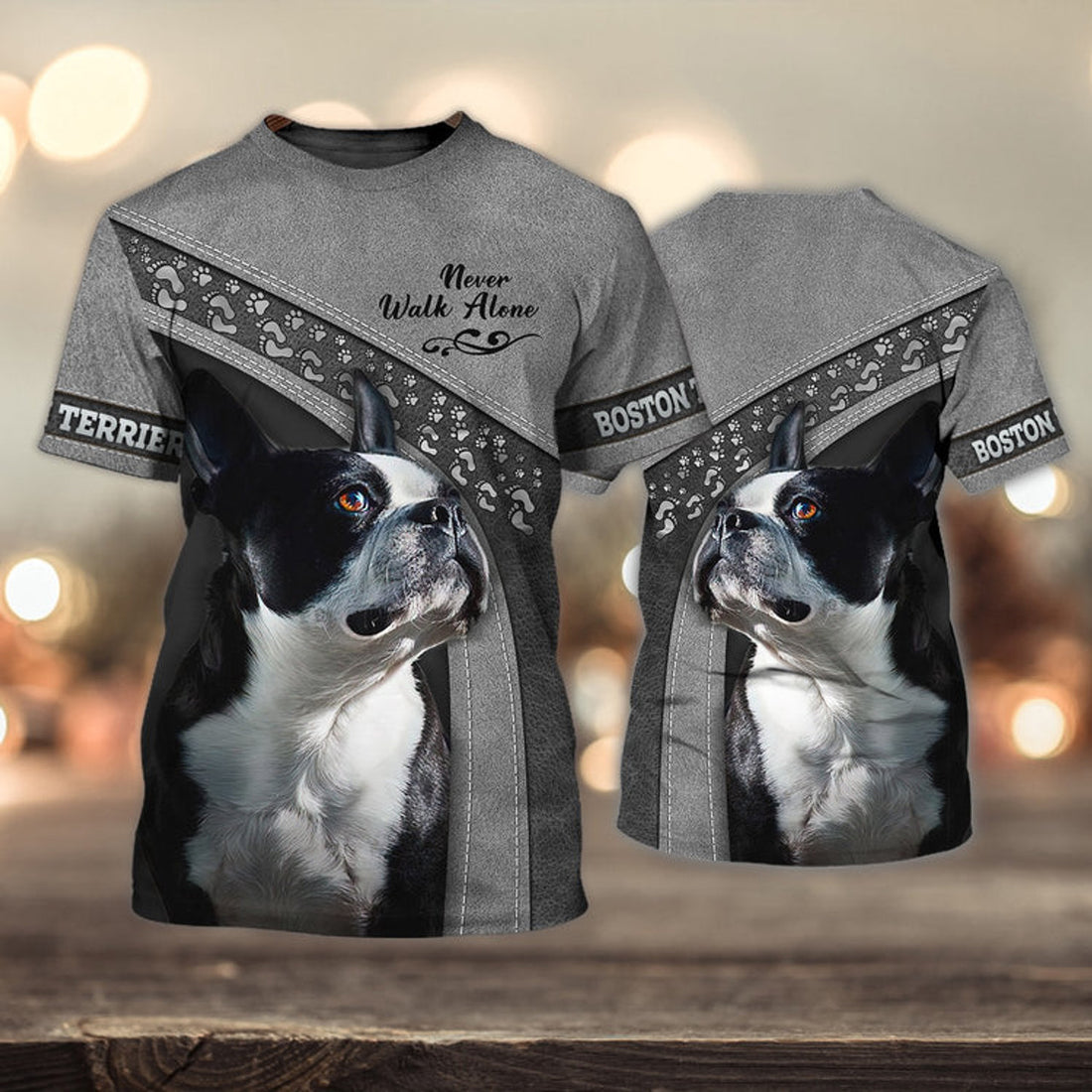 FUNSTUFFPRINT Boston Terrier Lover Never Walk Alone 3D Full Print T-Shirt, Dog Memorial Gifts for loss of Dog, Christmas Shirt for Dog Lovers 3D T-shirt