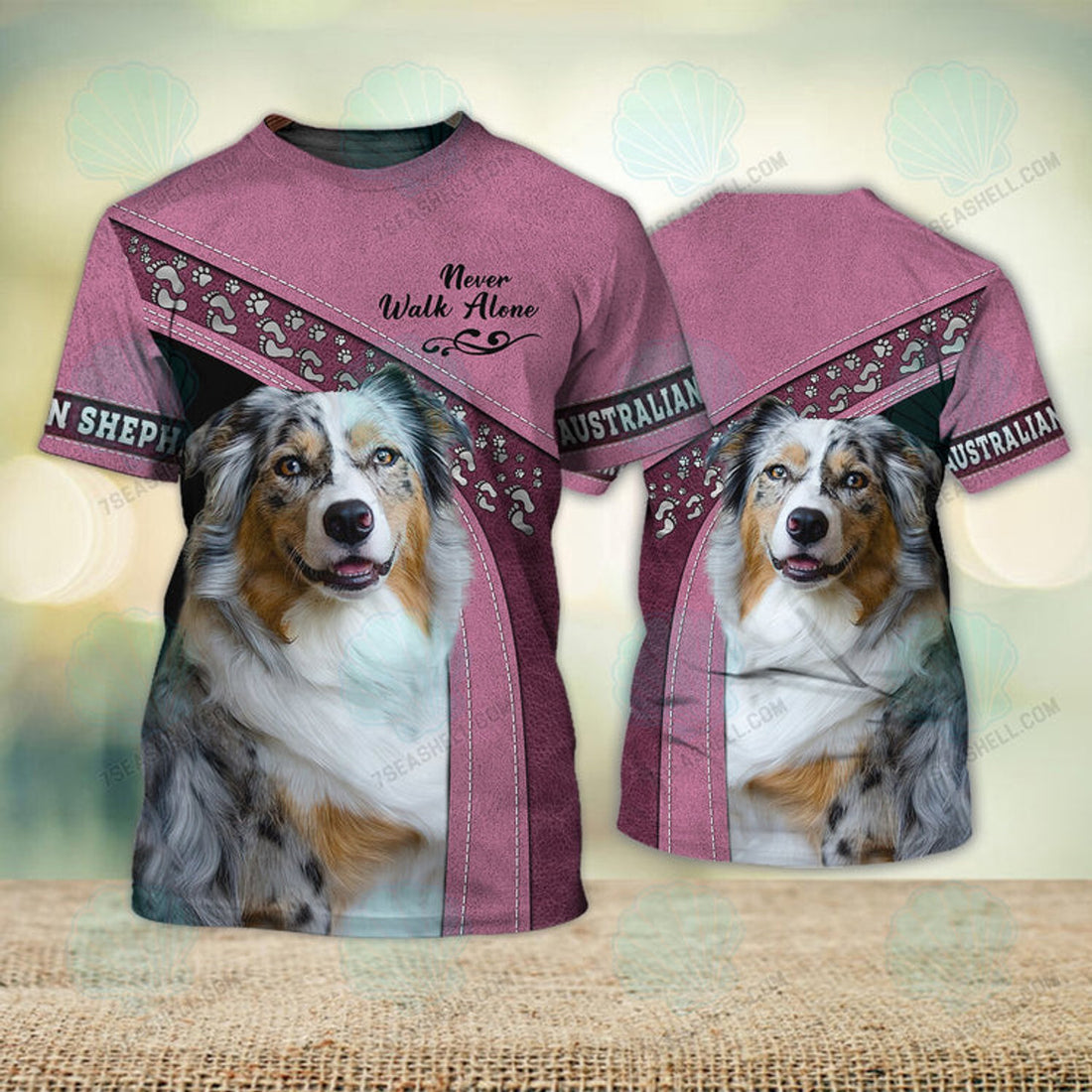 FUNSTUFFPRINT Blue Merle Australian Shepherd Love Never Walk Alone 3D Full Print T-Shirt, Christmas Dog Memorial Gifts for loss of Dog 3D T-shirt