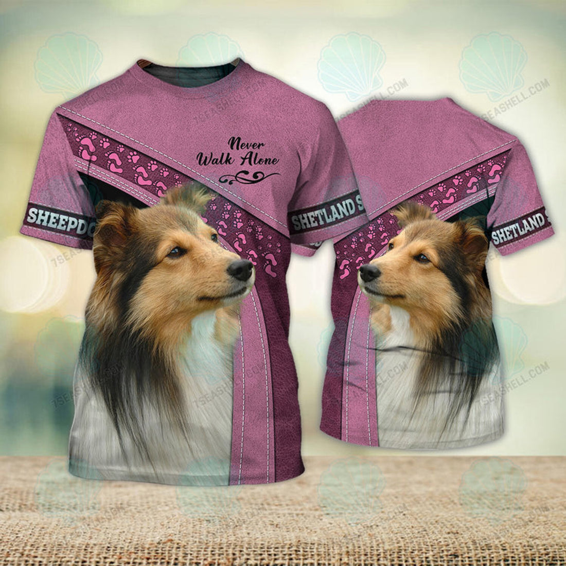 FUNSTUFFPRINT Shetland Sheepdogs Love Pink Never Walk Alone 3D Full Print T-Shirt, Christmas Dog Memorial Gifts for loss of Dog 3D T-shirt