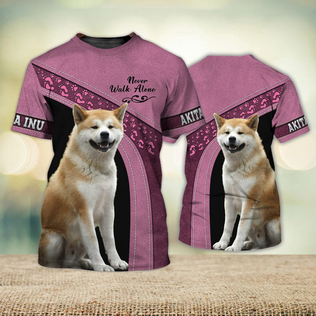 FUNSTUFFPRINT Akita Inu Love Never Walk Alone 3D Full Print T-Shirt, Dog Memorial Gifts for loss of Dog 3D T-shirt